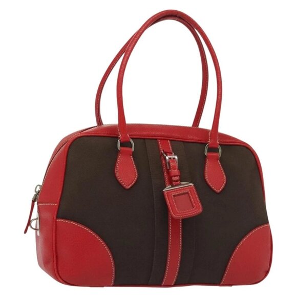 PRADA Hand Bag Canvas Red Brown Auth ep10380 - Picture 1 of 16